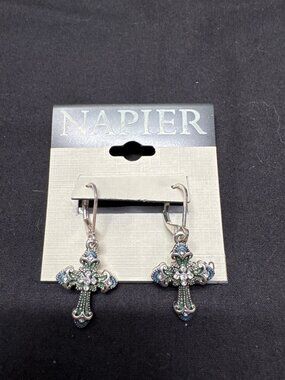 Napier Silver-Tone Crystal Cross Drop Earrings With Blue & Green Enamel Design